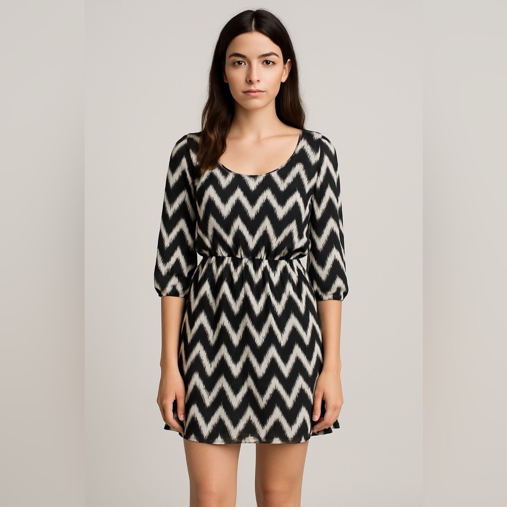 Chevron Stripe Dress‎ Peasant Sleeve Casual Boho Flowy Mini Size M